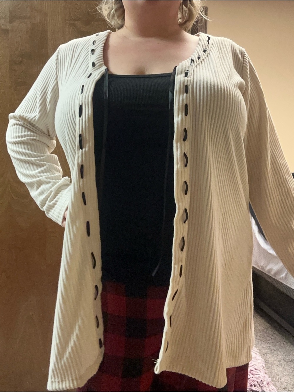 Maurices Cream Ribbed Open-Front Cardigan with Contrast Stitching